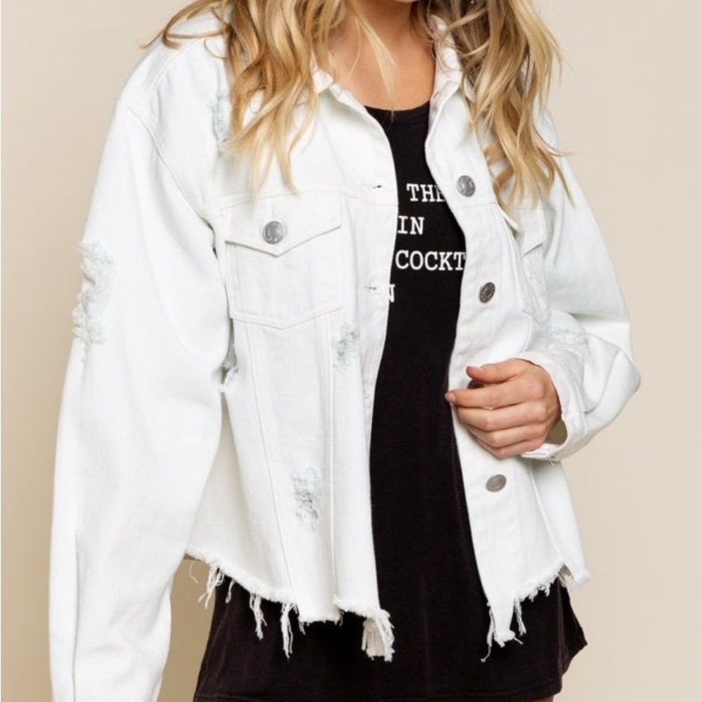 Women's Distressed White Denim Jacket by POL Brand sz Large NWT